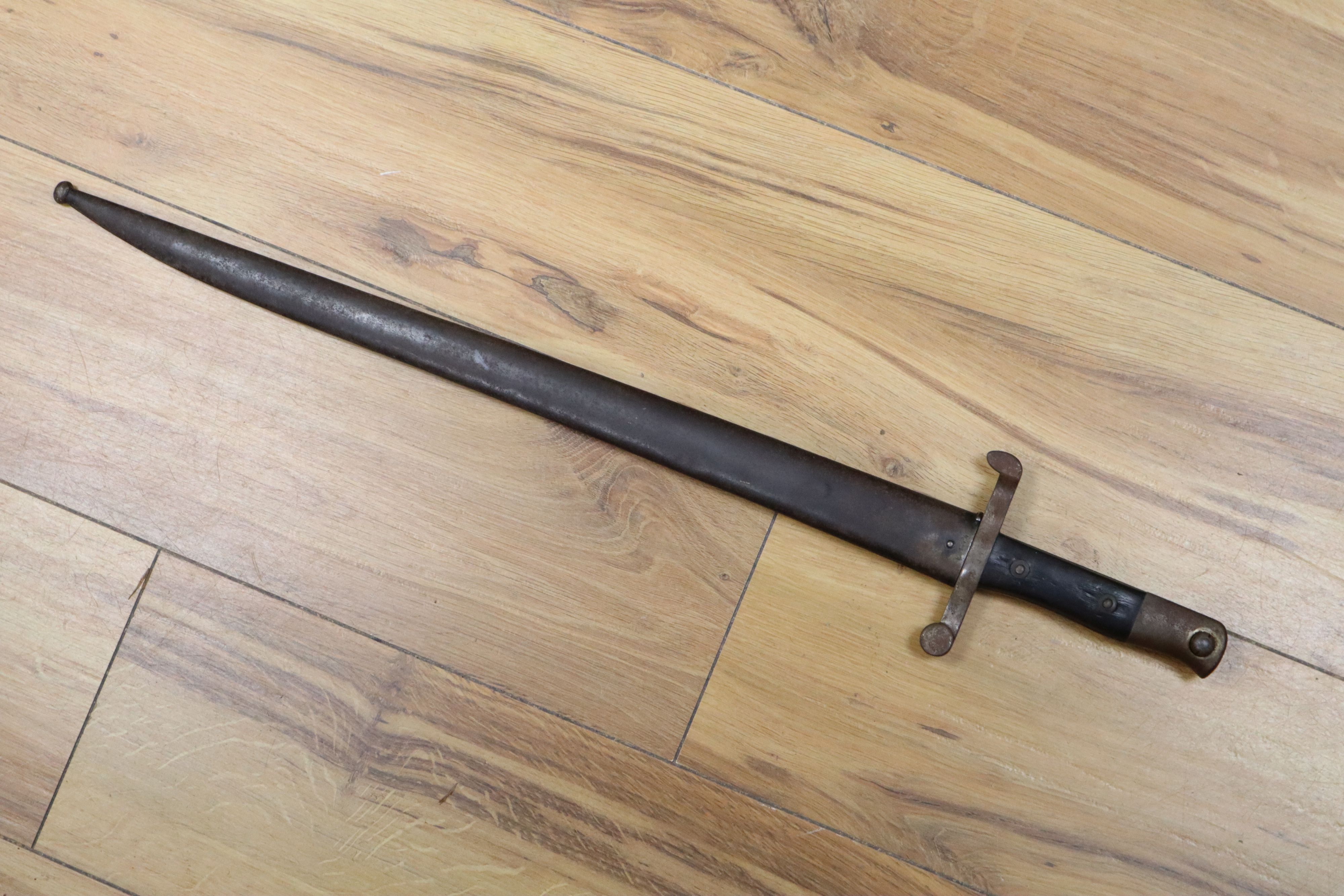 A Victorian Portuguese bayonet, by Steyr, dated 1886, blade 47cm, within sheath